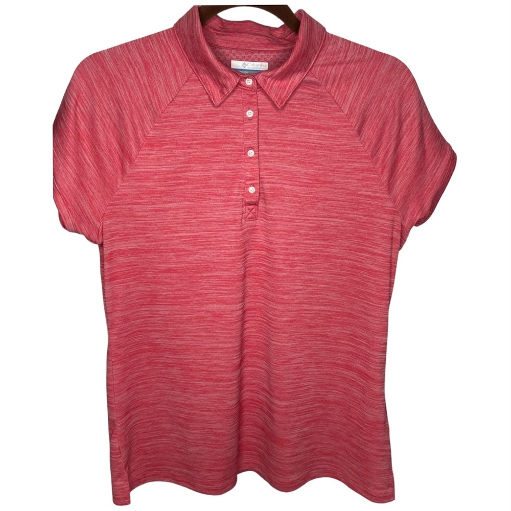 Columbia Women’s Polo Shirt in Heathered Dark Peach Strie Pattern, EUC ,Sz L